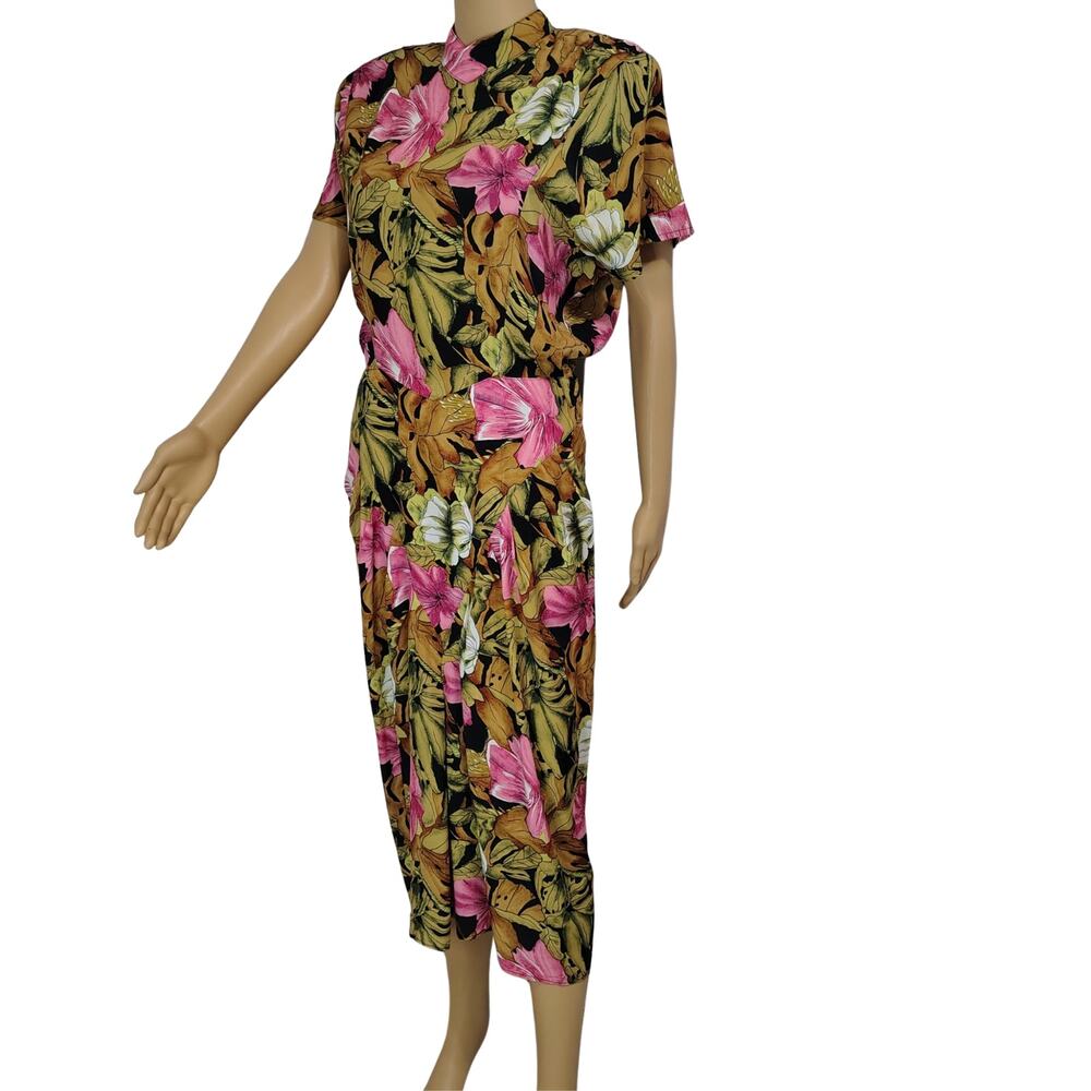 1980s Lurid Blooms Floral Wiggle Dress Shoulder Pads Button Up Back Size Small